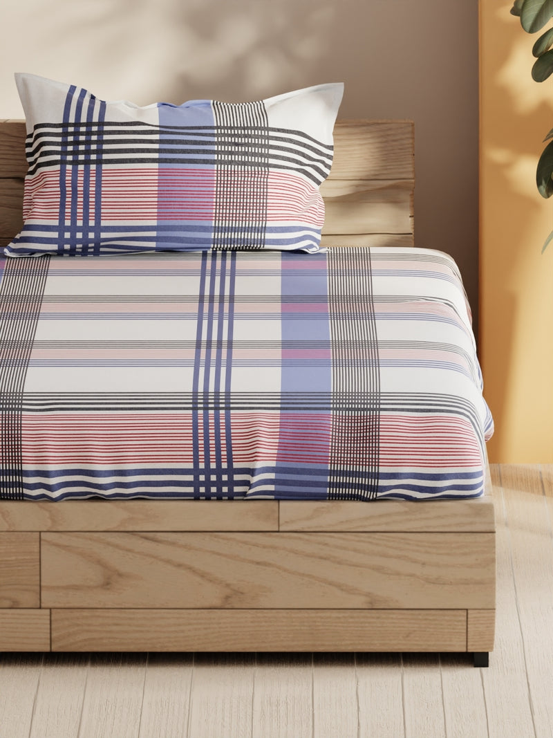 Soft 100% Natural Cotton Single Bedsheet With 1 Pillow Cover <small> (stripe-red/navy)</small>