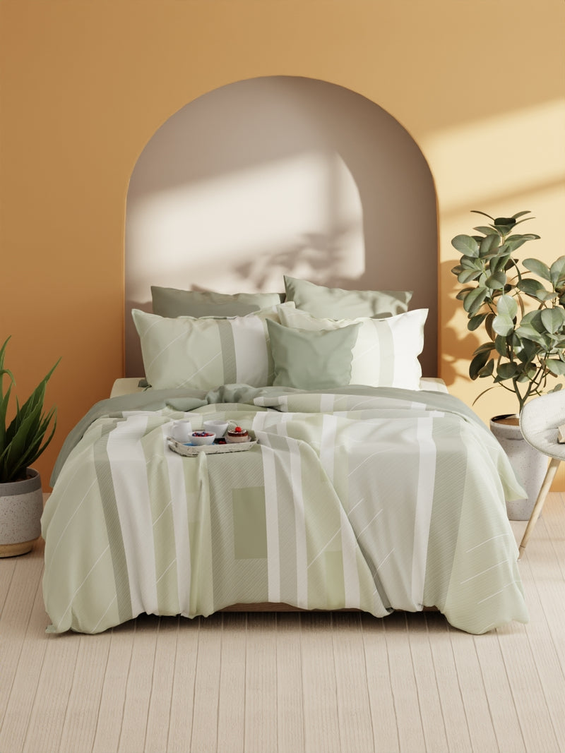 Soft 100% Natural Cotton Xl King Fitted Bedsheet With Elastic Edges With 2 Pillow Covers <small> (stripe-sage)</small>