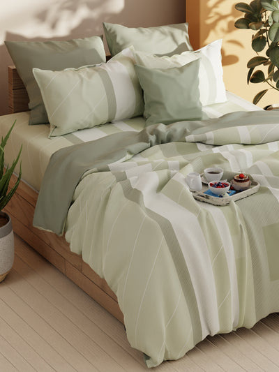 Soft 100% Natural Cotton Xl King Fitted Bedsheet With Elastic Edges With 2 Pillow Covers <small> (stripe-sage)</small>