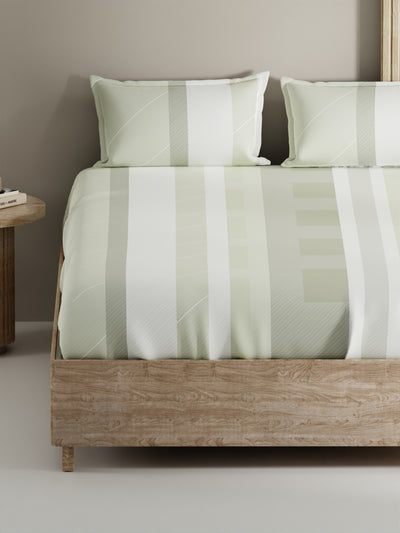 Soft 100% Natural Cotton, King Size Double Bedsheet With 2 Pillow Covers <small> (stripe-sage)</small>