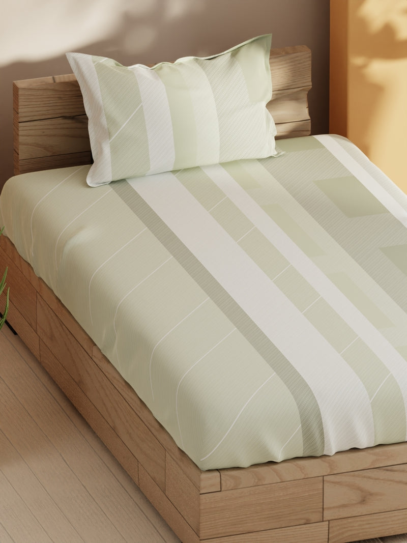 Soft 100% Natural Cotton Single Bedsheet With 1 Pillow Cover <small> (stripe-sage)</small>