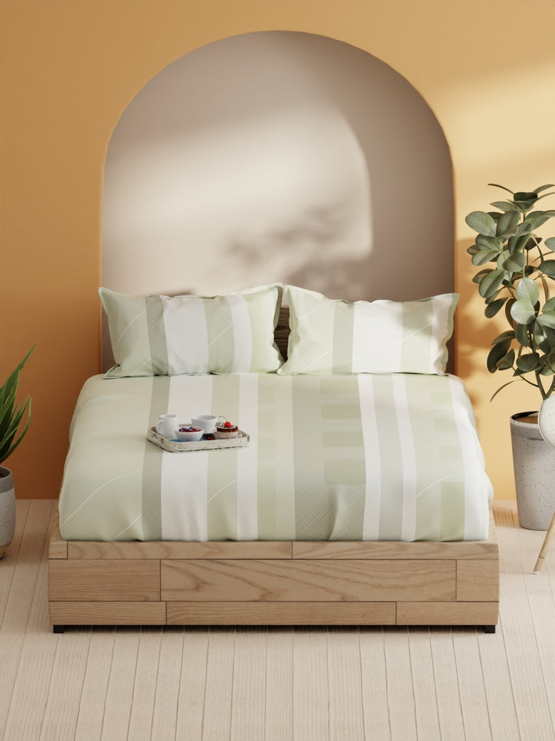 Soft 100% Natural Cotton Double Bedsheet With 2 Pillow Covers <small> (stripe-sage)</small>