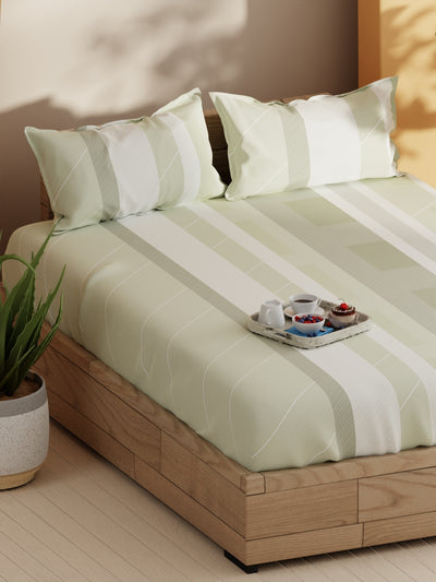 Soft 100% Natural Cotton Double Bedsheet With 2 Pillow Covers <small> (stripe-sage)</small>