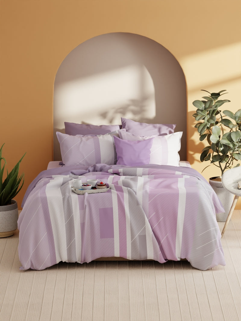 Soft 100% Natural Cotton Xl King Fitted Bedsheet With Elastic Edges With 2 Pillow Covers <small> (stripe-lilac)</small>