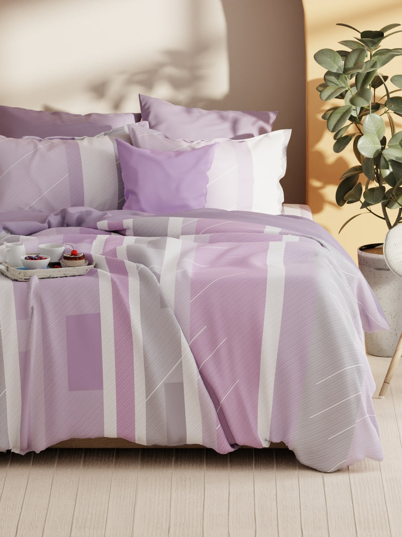 Soft 100% Natural Cotton Xl King Fitted Bedsheet With Elastic Edges With 2 Pillow Covers <small> (stripe-lilac)</small>