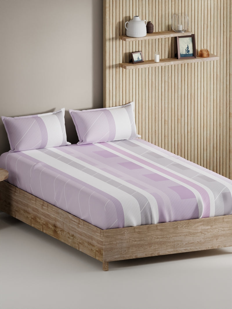 Soft 100% Natural Cotton, King Size Double Bedsheet With 2 Pillow Covers <small> (stripe-lilac)</small>