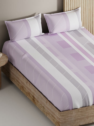 Soft 100% Natural Cotton, King Size Double Bedsheet With 2 Pillow Covers <small> (stripe-lilac)</small>