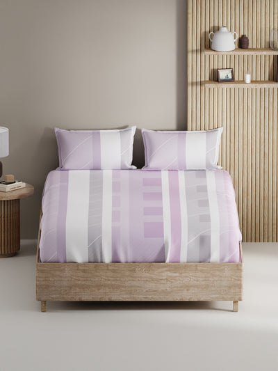 Soft 100% Natural Cotton, King Size Double Bedsheet With 2 Pillow Covers <small> (stripe-lilac)</small>