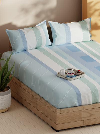 Soft 100% Natural Cotton Double Bedsheet With 2 Pillow Covers <small> (stripe-mint/green)</small>