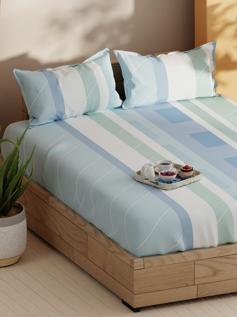 Soft 100% Natural Cotton Double Bedsheet With 2 Pillow Covers <small> (stripe-mint/green)</small>