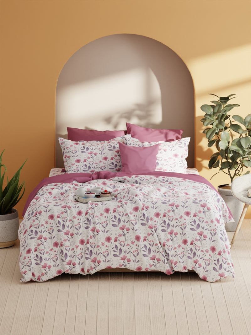 Soft 100% Natural Cotton Xl King Fitted Bedsheet With Elastic Edges With 2 Pillow Covers <small> (floral-pink/violet)</small>