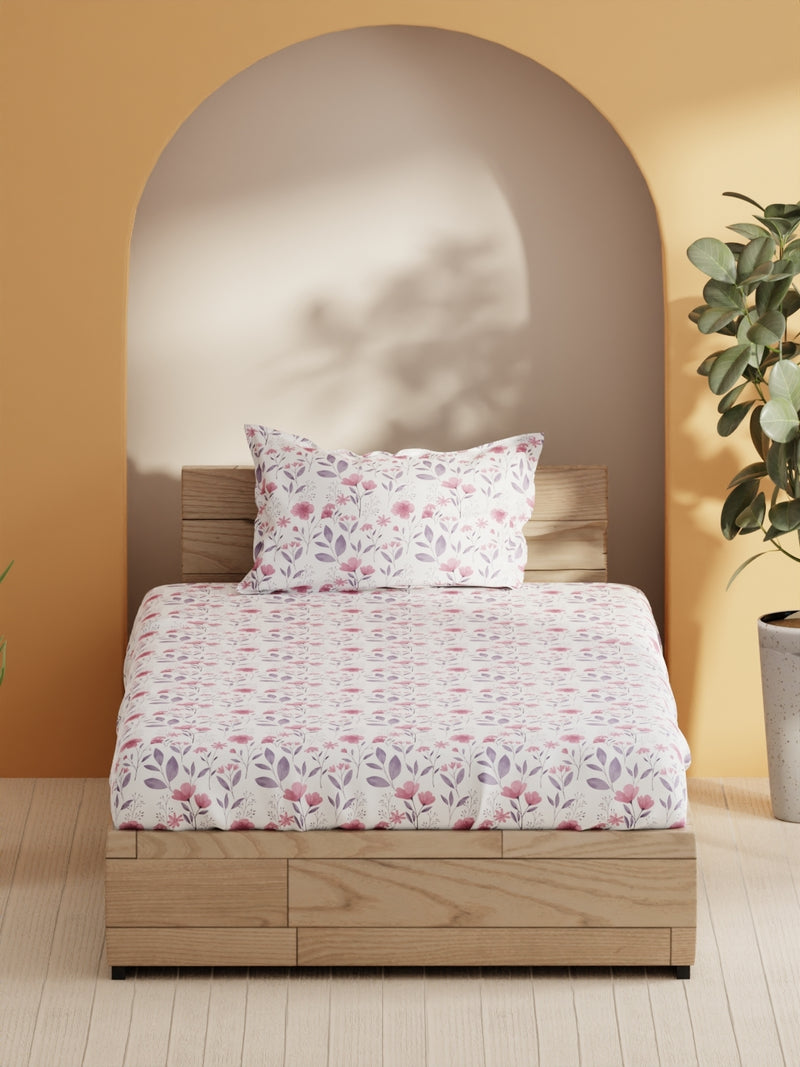 Soft 100% Natural Cotton Single Bedsheet With 1 Pillow Cover <small> (floral-pink/violet)</small>