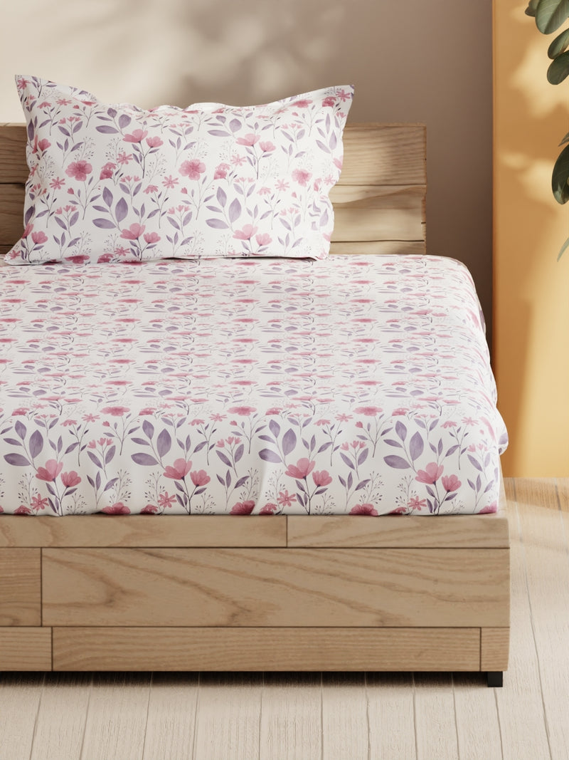 Soft 100% Natural Cotton Single Bedsheet With 1 Pillow Cover <small> (floral-pink/violet)</small>