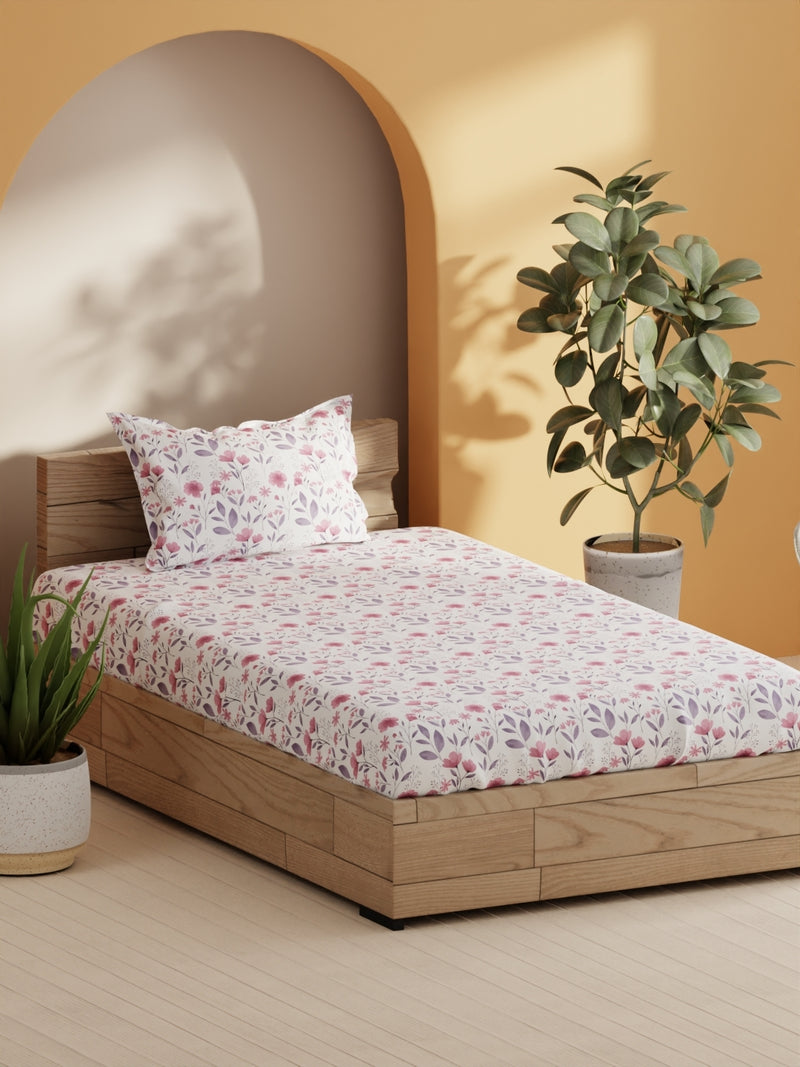 Soft 100% Natural Cotton Single Bedsheet With 1 Pillow Cover <small> (floral-pink/violet)</small>