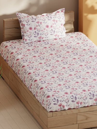 Soft 100% Natural Cotton Single Bedsheet With 1 Pillow Cover <small> (floral-pink/violet)</small>