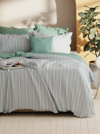 Soft 100% Natural Cotton Xl King Fitted Bedsheet With Elastic Edges With 2 Pillow Covers <small> (stripe-grey/mint)</small>