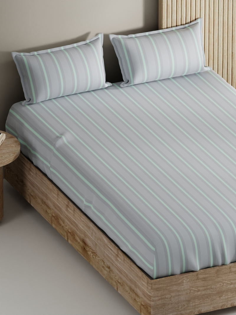 Soft 100% Natural Cotton, King Size Double Bedsheet With 2 Pillow Covers <small> (stripe-grey/mint)</small>