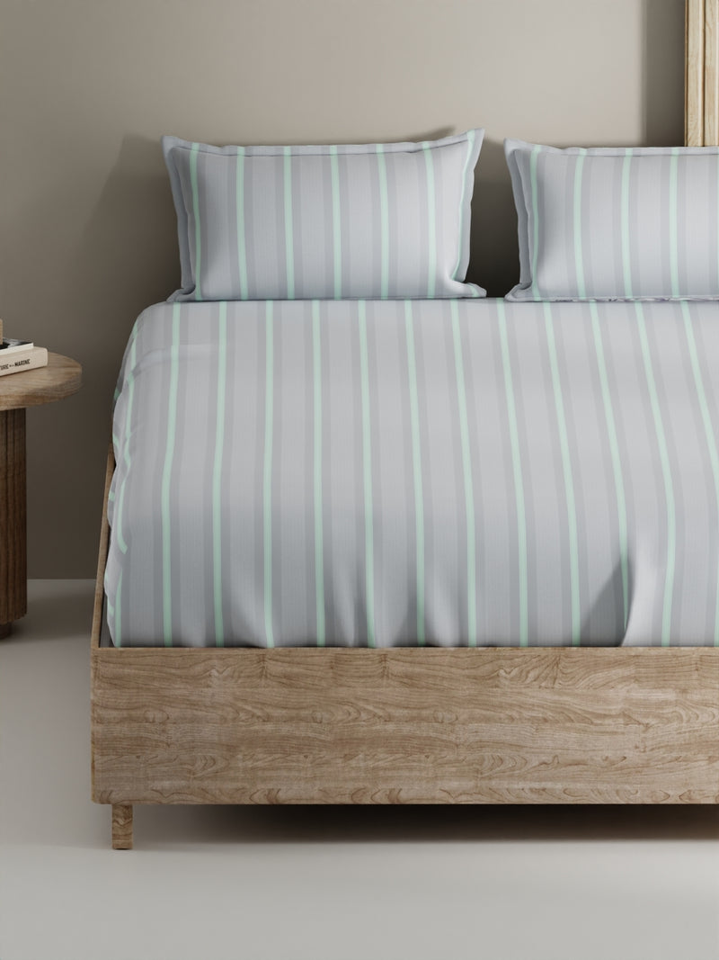 Soft 100% Natural Cotton, King Size Double Bedsheet With 2 Pillow Covers <small> (stripe-grey/mint)</small>