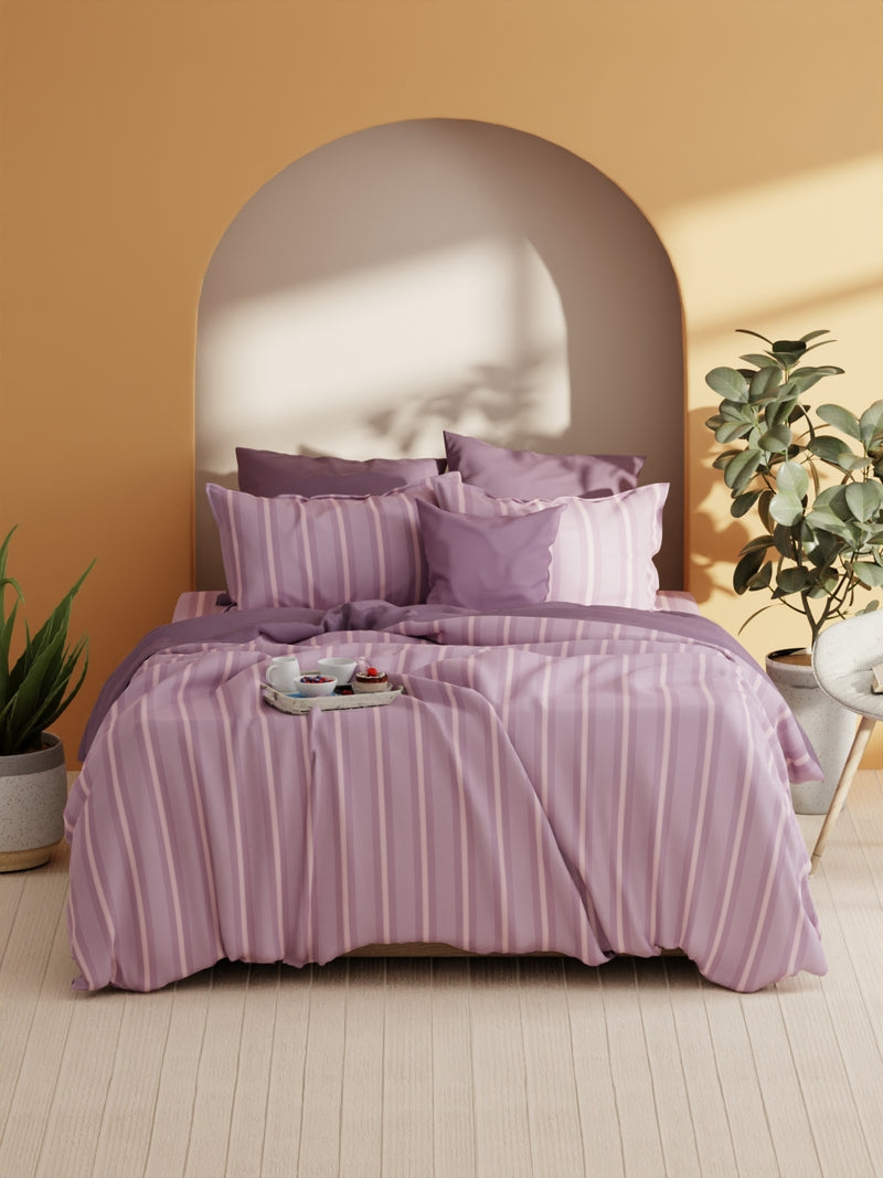 Soft 100% Natural Cotton Xl King Fitted Bedsheet With Elastic Edges With 2 Pillow Covers <small> (stripe-lilac/pink)</small>