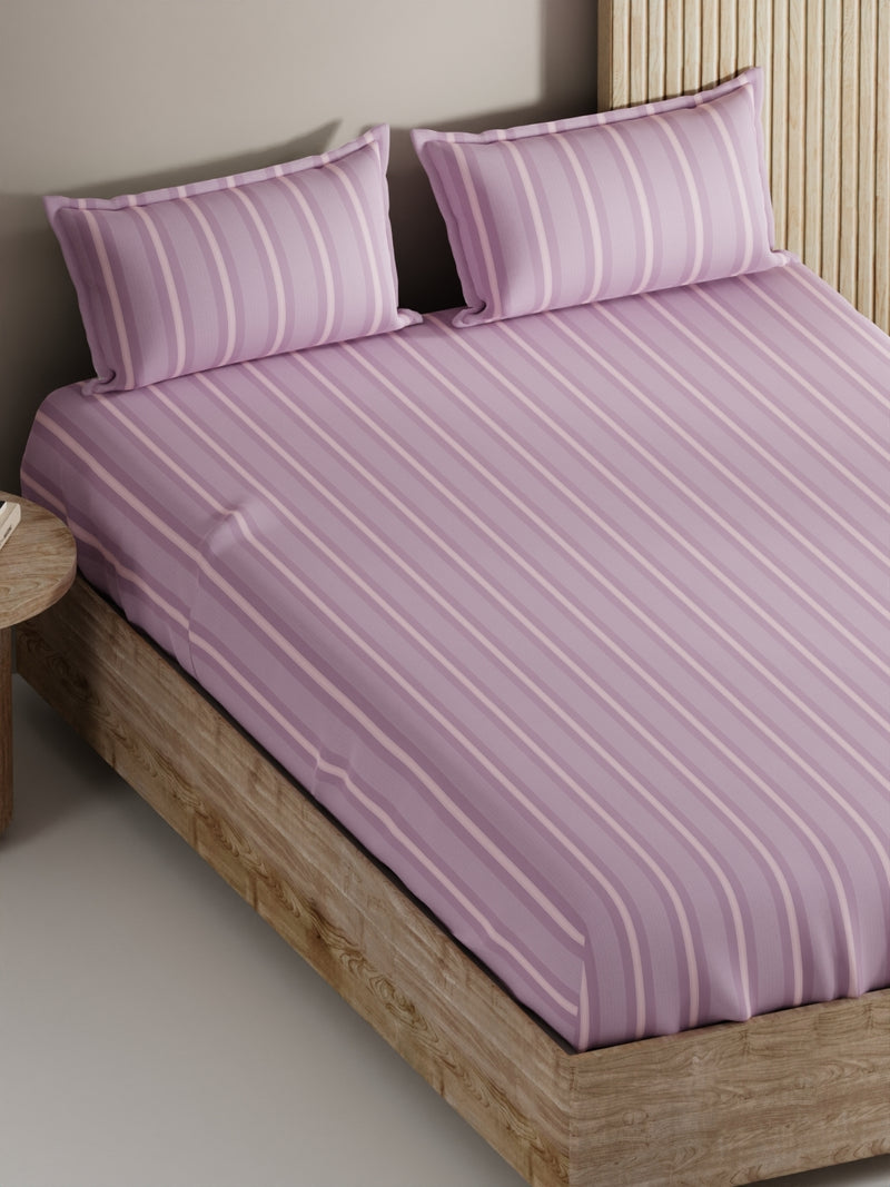 Soft 100% Natural Cotton, King Size Double Bedsheet With 2 Pillow Covers <small> (stripe-lilac/pink)</small>