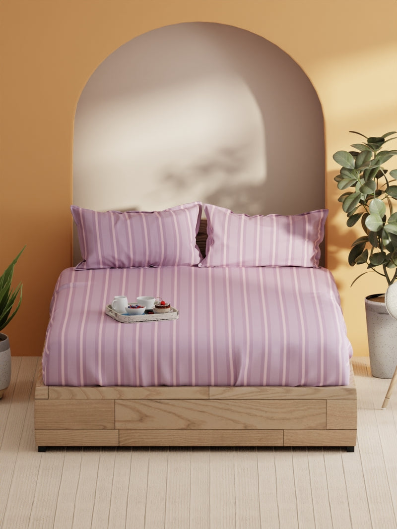 Soft 100% Natural Cotton Double Bedsheet With 2 Pillow Covers <small> (stripe-lilac/pink)</small>