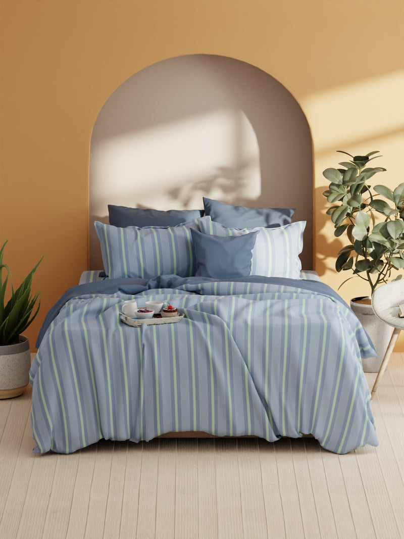 Soft 100% Natural Cotton Xl King Fitted Bedsheet With Elastic Edges With 2 Pillow Covers <small> (stripe-blue/green)</small>