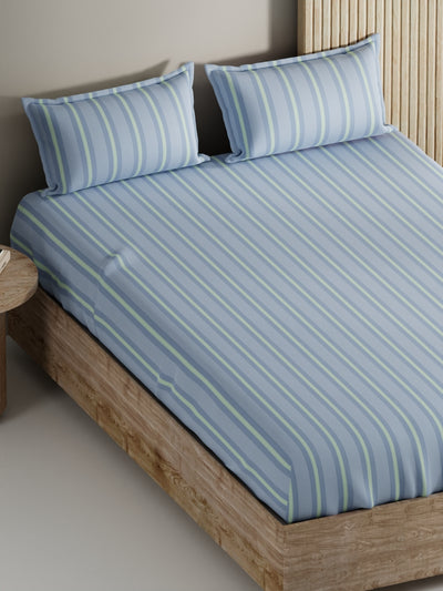 Soft 100% Natural Cotton, King Size Double Bedsheet With 2 Pillow Covers <small> (stripe-blue/green)</small>