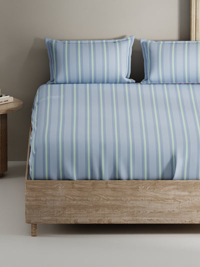 Soft 100% Natural Cotton, King Size Double Bedsheet With 2 Pillow Covers <small> (stripe-blue/green)</small>