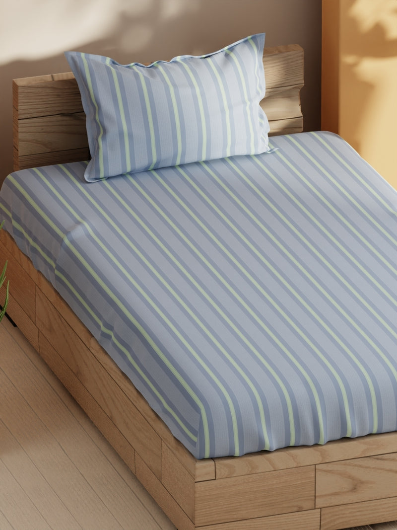 Soft 100% Natural Cotton Single Bedsheet With 1 Pillow Cover <small> (stripe-blue/green)</small>