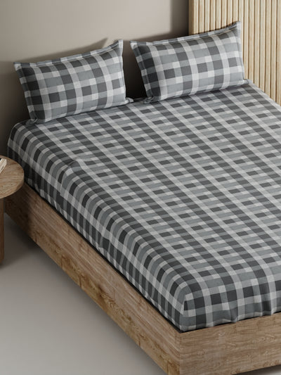 Soft 100% Natural Cotton, King Size Double Bedsheet With 2 Pillow Covers <small> (checks-grey)</small>