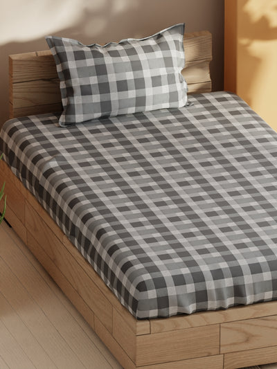 Soft 100% Natural Cotton Single Bedsheet With 1 Pillow Cover <small> (checks-grey)</small>