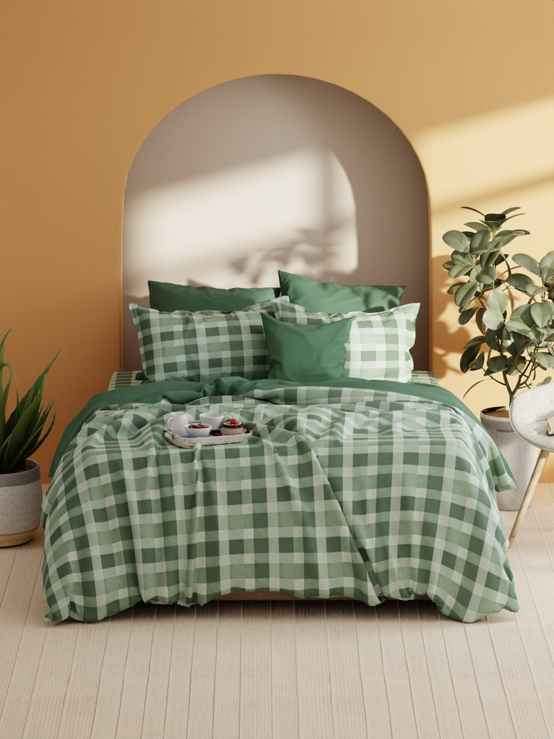 Soft 100% Natural Cotton Xl King Fitted Bedsheet With Elastic Edges With 2 Pillow Covers <small> (checks-green)</small>