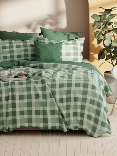 Soft 100% Natural Cotton Xl King Fitted Bedsheet With Elastic Edges With 2 Pillow Covers <small> (checks-green)</small>