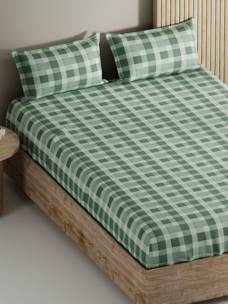 Soft 100% Natural Cotton, King Size Double Bedsheet With 2 Pillow Covers <small> (checks-green)</small>