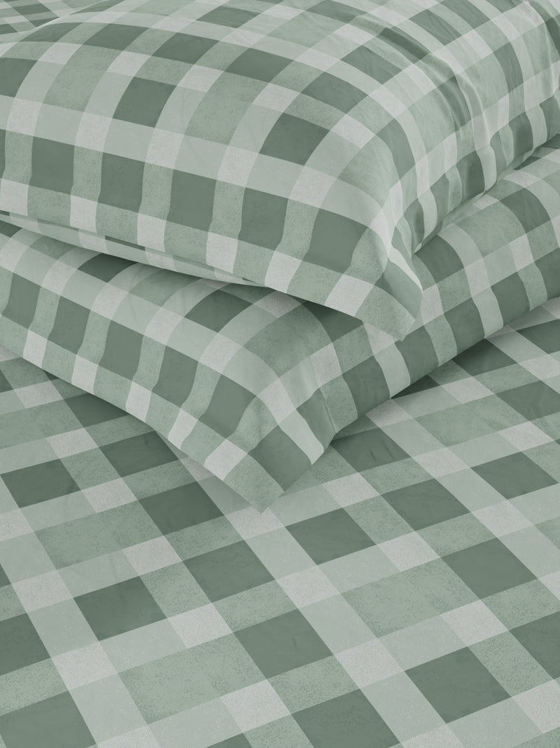 Soft 100% Natural Cotton, King Size Double Bedsheet With 2 Pillow Covers <small> (checks-green)</small>