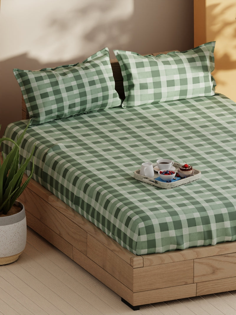 Soft 100% Natural Cotton Double Bedsheet With 2 Pillow Covers <small> (checks-green)</small>