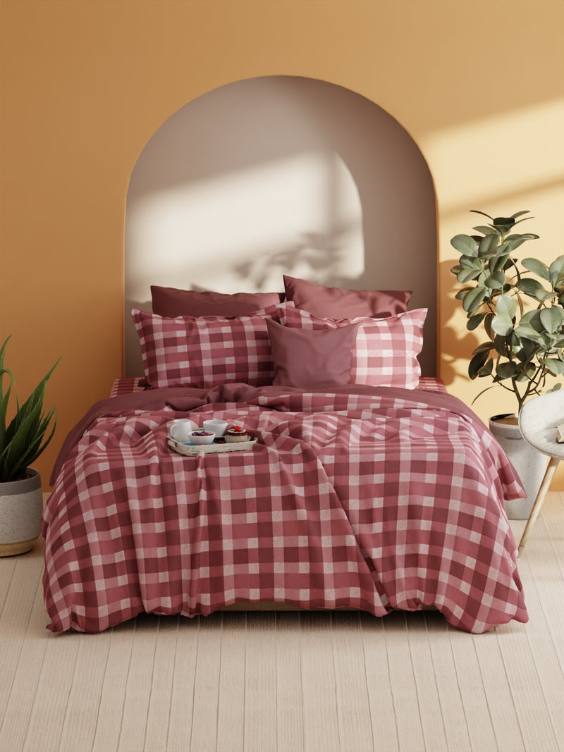 Soft 100% Natural Cotton Xl King Fitted Bedsheet With Elastic Edges With 2 Pillow Covers <small> (checks-maroon)</small>