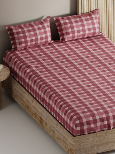 Soft 100% Natural Cotton, King Size Double Bedsheet With 2 Pillow Covers <small> (checks-maroon)</small>