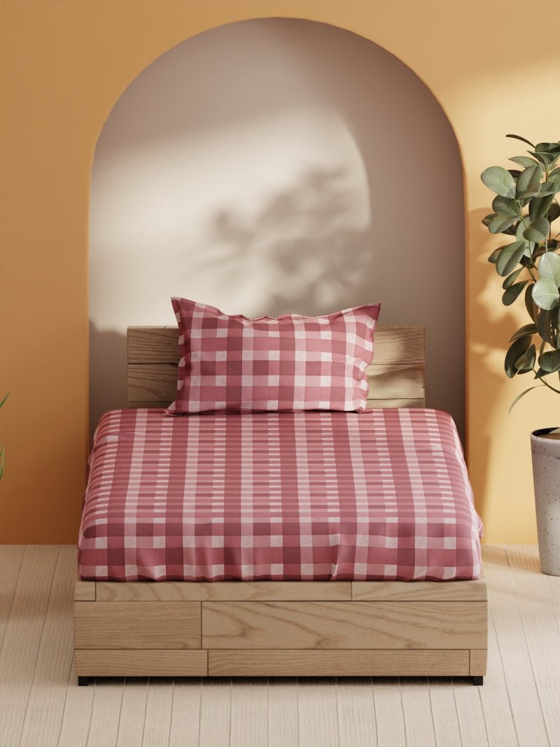 Soft 100% Natural Cotton Single Bedsheet With 1 Pillow Cover <small> (checks-maroon)</small>