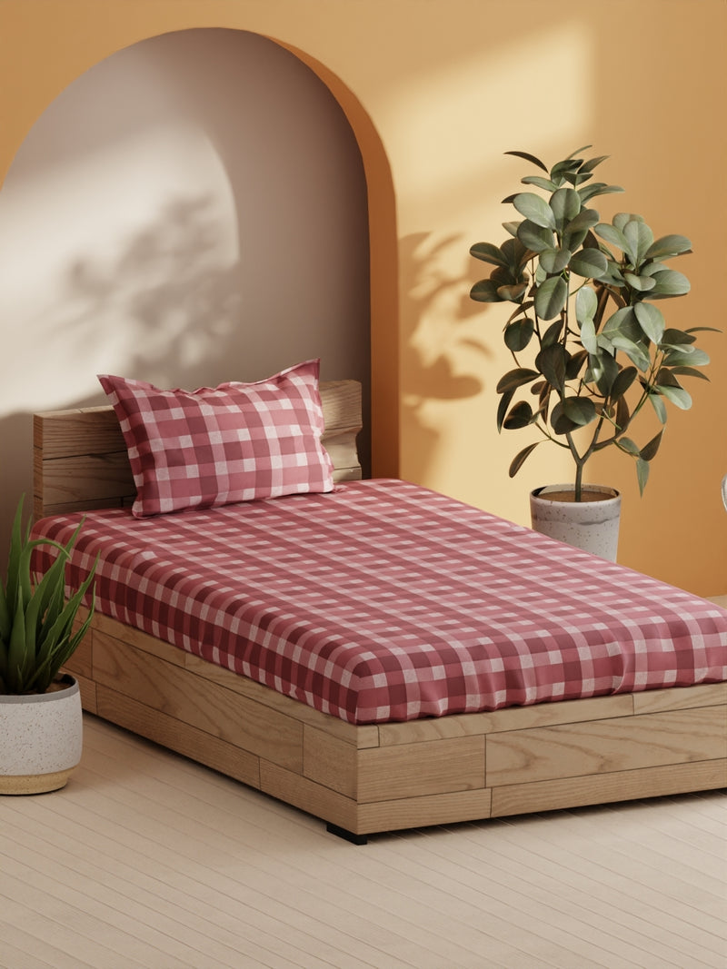 Soft 100% Natural Cotton Single Bedsheet With 1 Pillow Cover <small> (checks-maroon)</small>