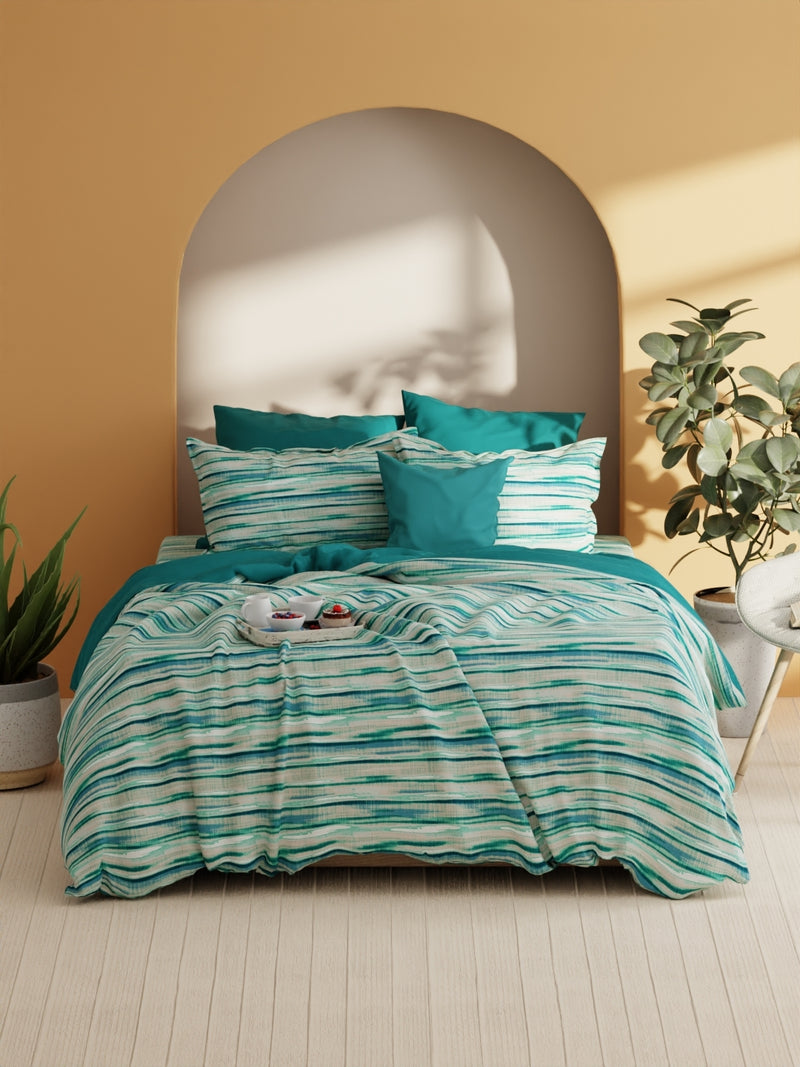 Soft 100% Natural Cotton Xl King Fitted Bedsheet With Elastic Edges With 2 Pillow Covers <small> (abstract-aqua/mint)</small>