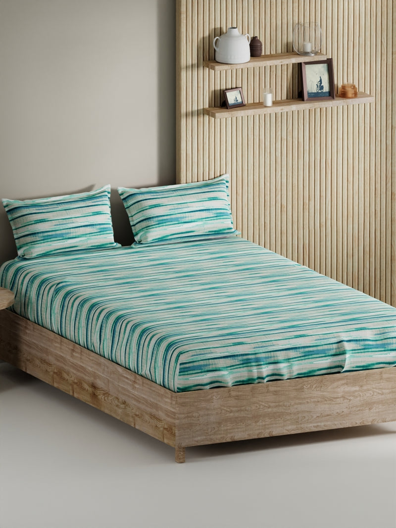 Soft 100% Natural Cotton, King Size Double Bedsheet With 2 Pillow Covers <small> (abstract-aqua/mint)</small>