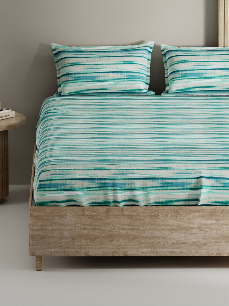 Soft 100% Natural Cotton, King Size Double Bedsheet With 2 Pillow Covers <small> (abstract-aqua/mint)</small>