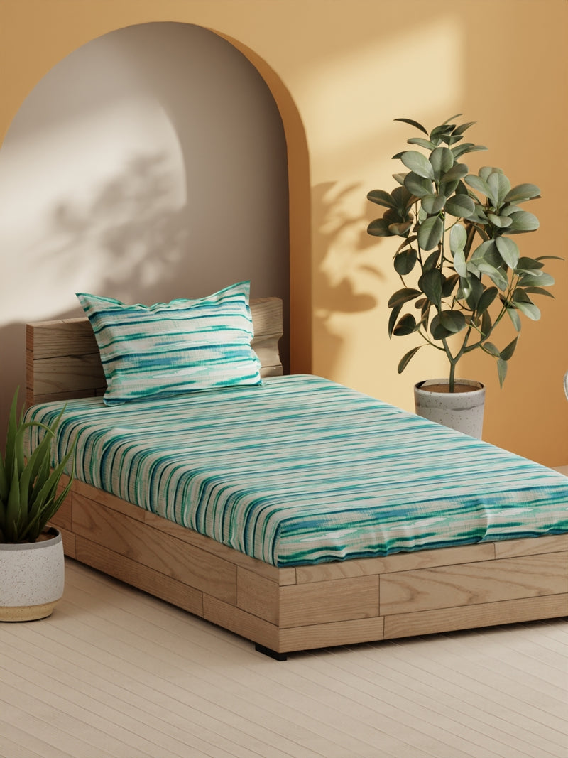 Soft 100% Natural Cotton Single Bedsheet With 1 Pillow Cover <small> (abstract-aqua/mint)</small>