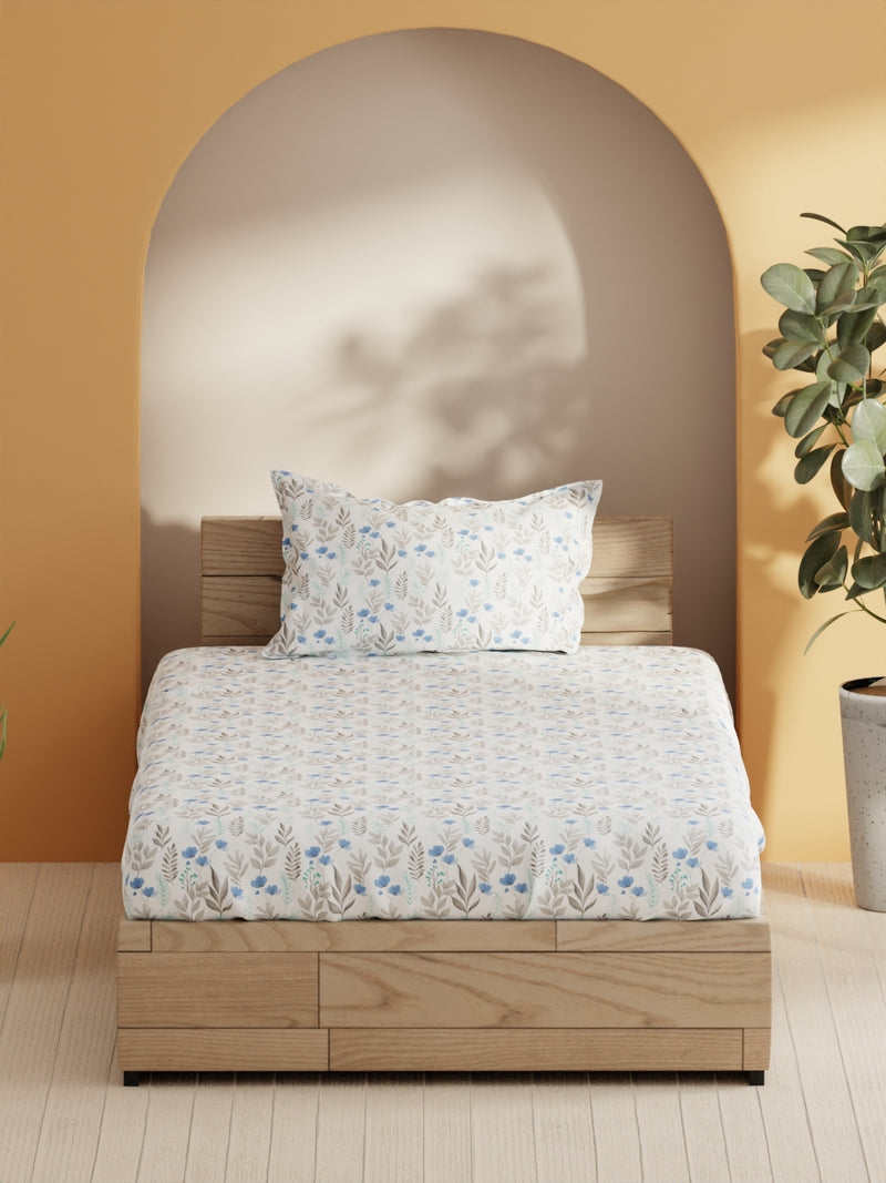 Soft 100% Natural Cotton Single Bedsheet With 1 Pillow Cover <small> (floral-blue/grey)</small>