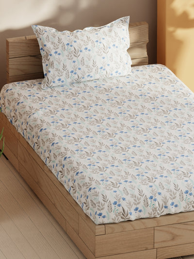 Soft 100% Natural Cotton Single Bedsheet With 1 Pillow Cover <small> (floral-blue/grey)</small>