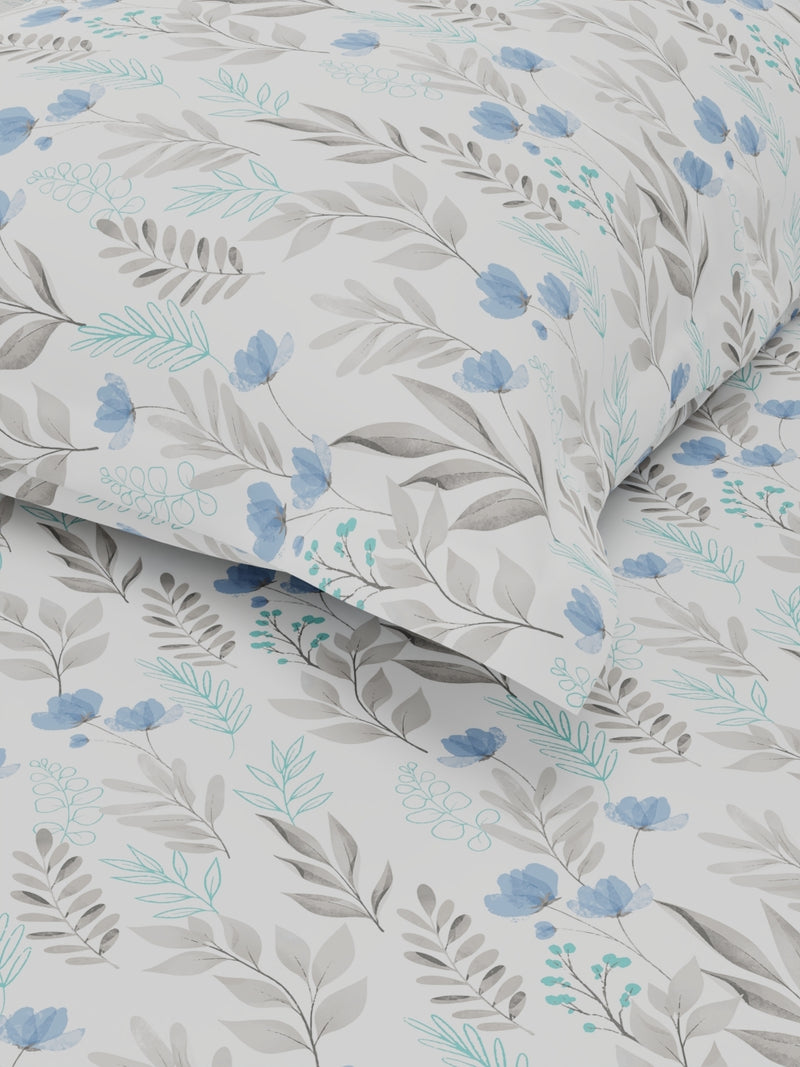 Soft 100% Natural Cotton Single Bedsheet With 1 Pillow Cover <small> (floral-blue/grey)</small>