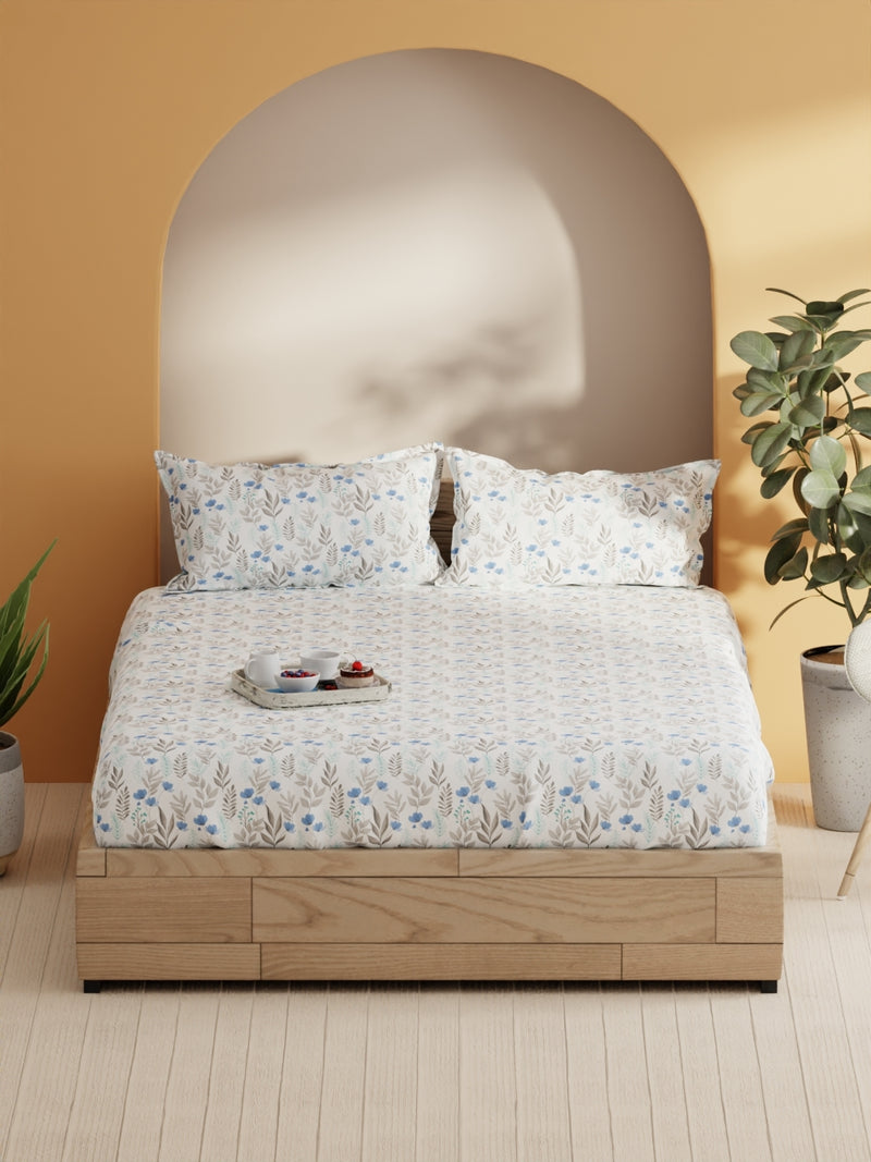 Soft 100% Natural Cotton Double Bedsheet With 2 Pillow Covers <small> (floral-blue/grey)</small>