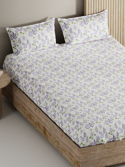 Soft 100% Natural Cotton, King Size Double Bedsheet With 2 Pillow Covers <small> (floral-green/purple)</small>