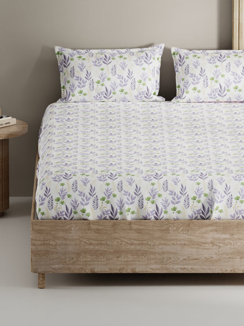 Soft 100% Natural Cotton, King Size Double Bedsheet With 2 Pillow Covers <small> (floral-green/purple)</small>